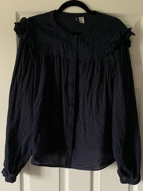 H&M Navy Button-Front Ruffle-Yoke Blouse
